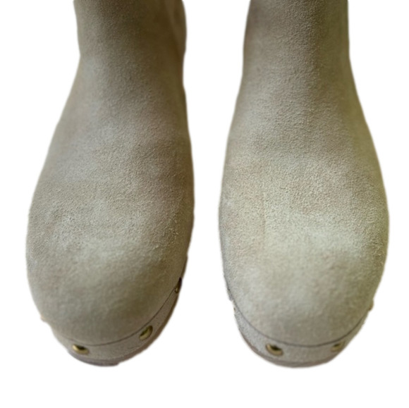 J. Crew Peachy Beige Size 7-5 Wood Clog Boots Suede Faux Fur Lined Boots - Picture 2 of 9